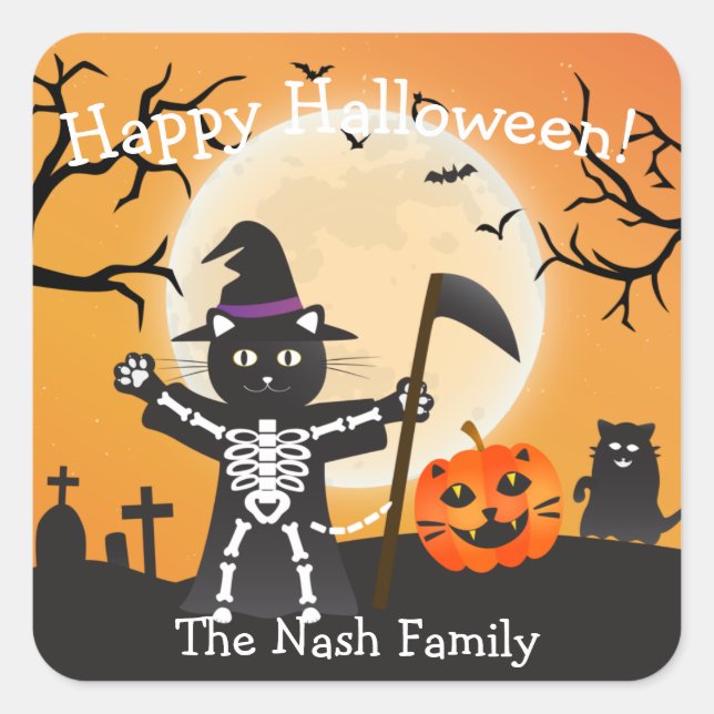 Sticker Carré Faucheuse Halloween Cat Grim (Devant)