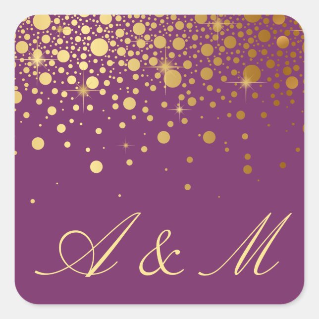 Sticker Carré Faux Gold Foil Confetti Dots Violet Monogramme (Devant)