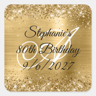 Sticker Carré Faux paillettes dorées et 80e anniversaire en feui