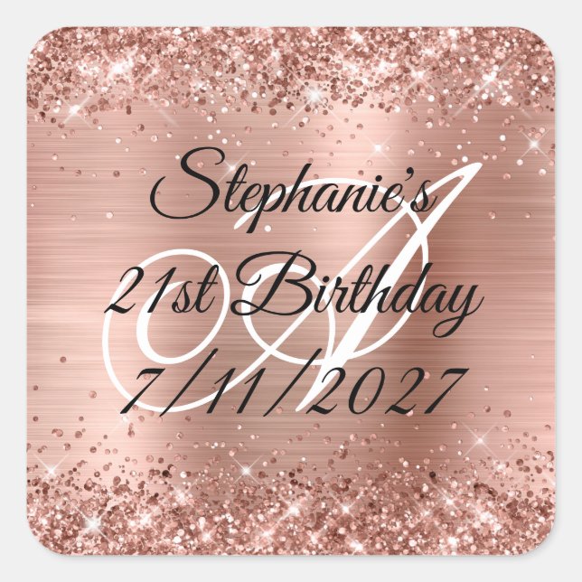 Sticker Carré Faux Rose Gold Parties scintillant et Foil 21e ann (Devant)