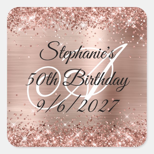 Sticker Carré Faux Rose Gold Parties scintillant et Foil 50e ann (Devant)