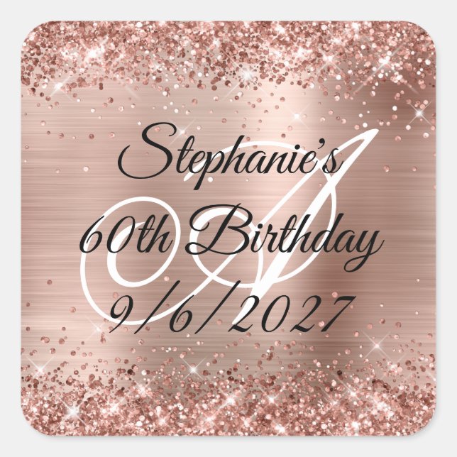 Sticker Carré Faux Rose Gold Parties scintillant et Foil 60e ann (Devant)