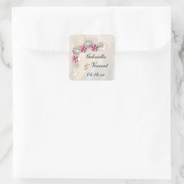 Sticker Carré Faux White Pearl et Mariage des boutons de diamant (Sac)