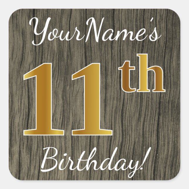 Sticker Carré Faux Wood, Faux Gold 11e anniversaire + Nom person (Devant)