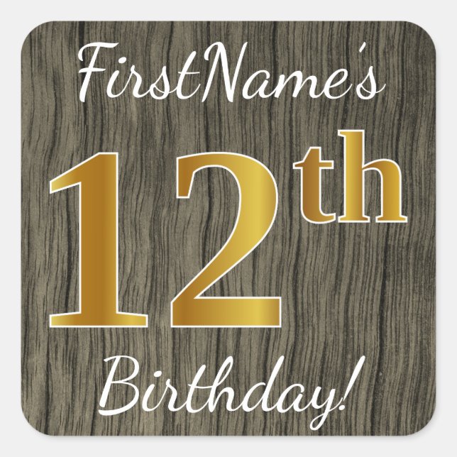 Sticker Carré Faux Wood, Faux Gold 12e anniversaire + Nom person (Devant)