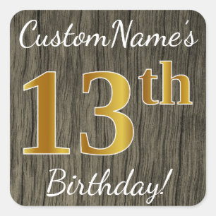 Sticker Carré Faux Wood, Faux Gold 13e anniversaire + Nom person