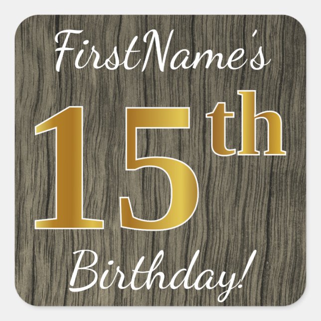 Sticker Carré Faux Wood, Faux Gold 15e anniversaire + Nom person (Devant)
