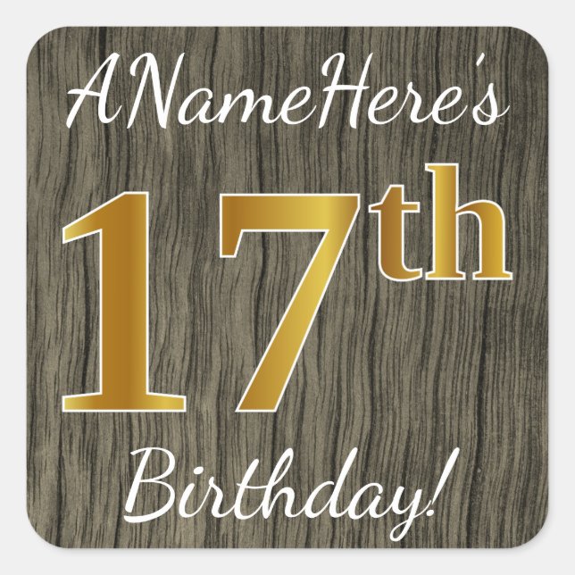 Sticker Carré Faux Wood, Faux Gold 17e anniversaire + Nom person (Devant)