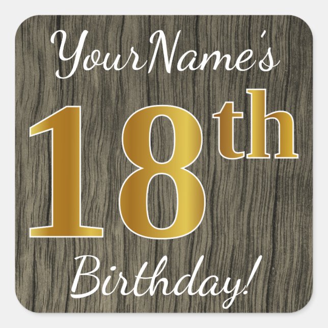Sticker Carré Faux Wood, Faux Gold 18e anniversaire + Nom person (Devant)