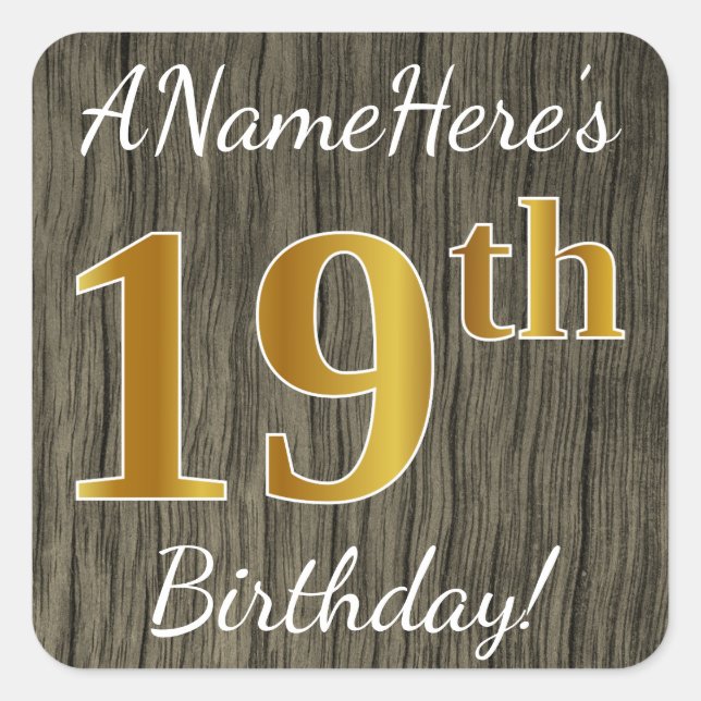 Sticker Carré Faux Wood, Faux Gold 19e anniversaire + Nom person (Devant)