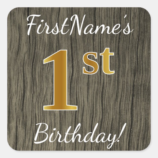 Sticker Carré Faux Wood, Faux Gold 1er Anniversaire + Nom person (Devant)