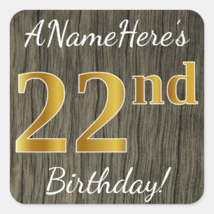 Sticker Carré Faux Wood, Faux Gold 22e anniversaire + Nom person