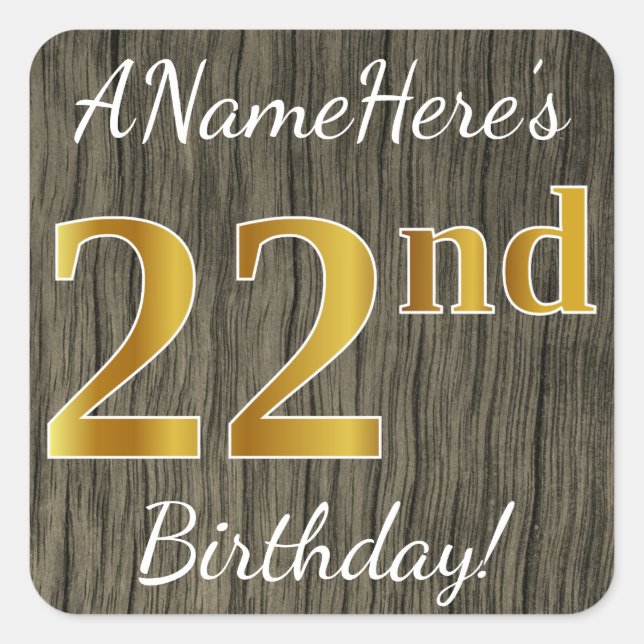 Sticker Carré Faux Wood, Faux Gold 22e anniversaire + Nom person (Devant)