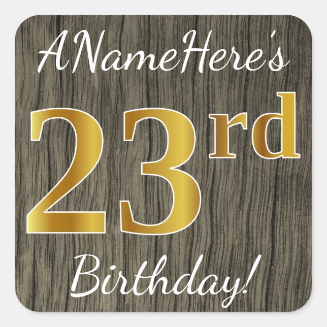 Sticker Carré Faux Wood, Faux Gold 23e anniversaire + Nom person (Devant)