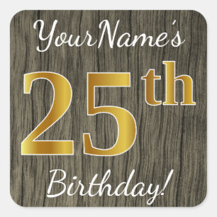 Sticker Carré Faux Wood, Faux Gold 25e anniversaire + Nom person