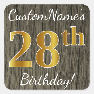 Sticker Carré Faux Wood, Faux Gold 28e anniversaire + Nom person