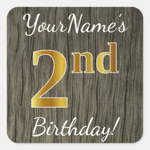 Sticker Carré Faux Wood, Faux Gold 2e anniversaire + Nom personn