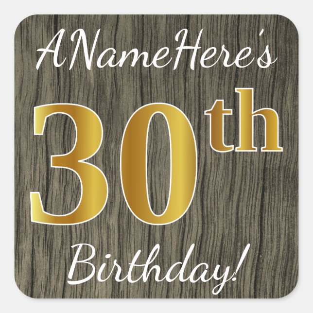 Sticker Carré Faux Wood, Faux Gold 30e anniversaire + Nom person (Devant)