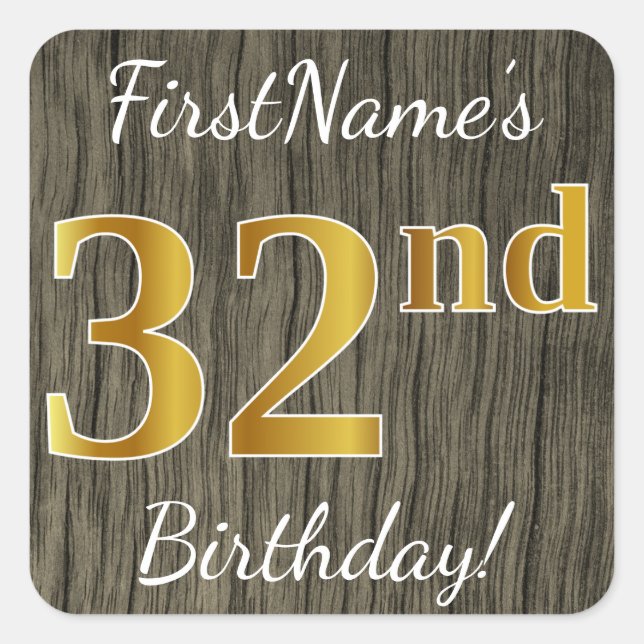 Sticker Carré Faux Wood, Faux Gold 32e anniversaire + Nom person (Devant)