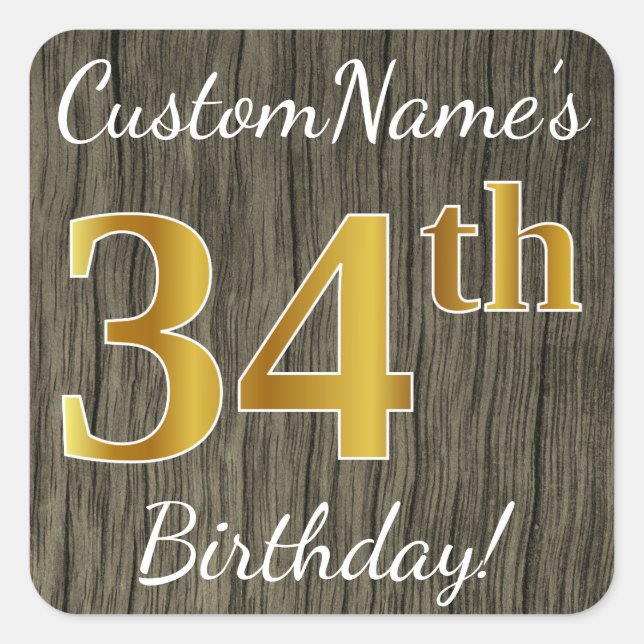 Sticker Carré Faux Wood, Faux Gold 34e anniversaire + Nom person (Devant)