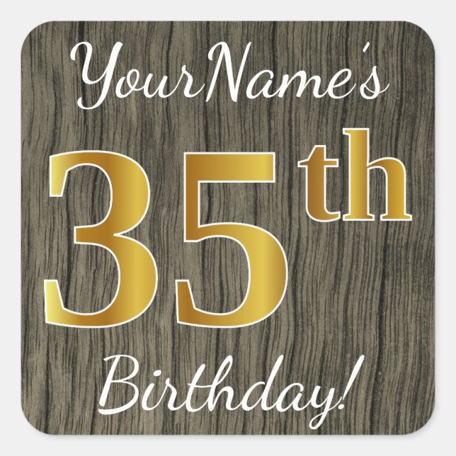 Sticker Carré Faux Wood, Faux Gold 35e anniversaire + Nom person (Devant)