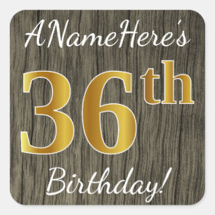 Sticker Carré Faux Wood, Faux Gold 36e anniversaire + Nom person
