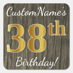 Sticker Carré Faux Wood, Faux Gold 38e anniversaire + Nom person