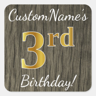 Sticker Carré Faux Wood, Faux Gold 3e anniversaire + Nom personn