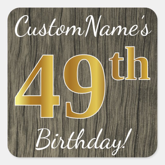 Sticker Carré Faux Wood, Faux Gold 49e anniversaire + Nom person (Devant)