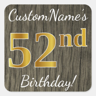Sticker Carré Faux Wood, Faux Gold 52e anniversaire + Nom person