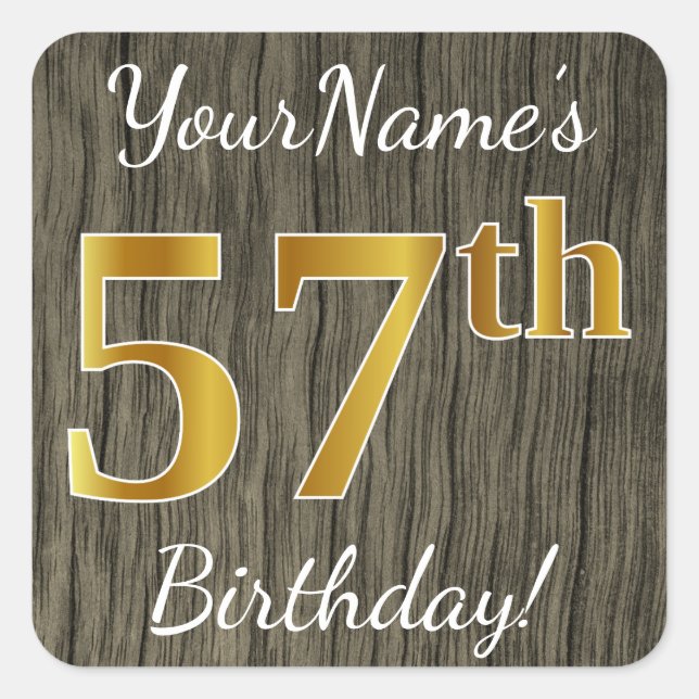 Sticker Carré Faux Wood, Faux Gold 57e anniversaire + Nom person (Devant)