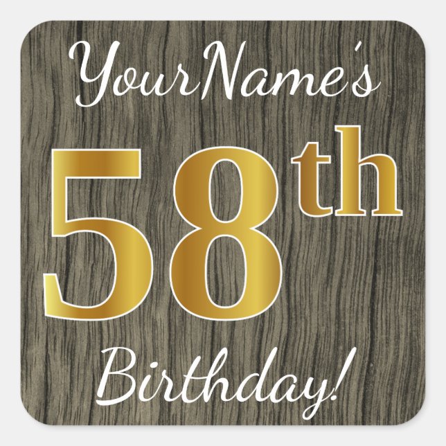 Sticker Carré Faux Wood, Faux Gold 58e anniversaire + Nom person (Devant)