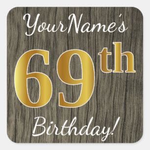 Sticker Carré Faux Wood, Faux Gold 69e anniversaire + Nom person