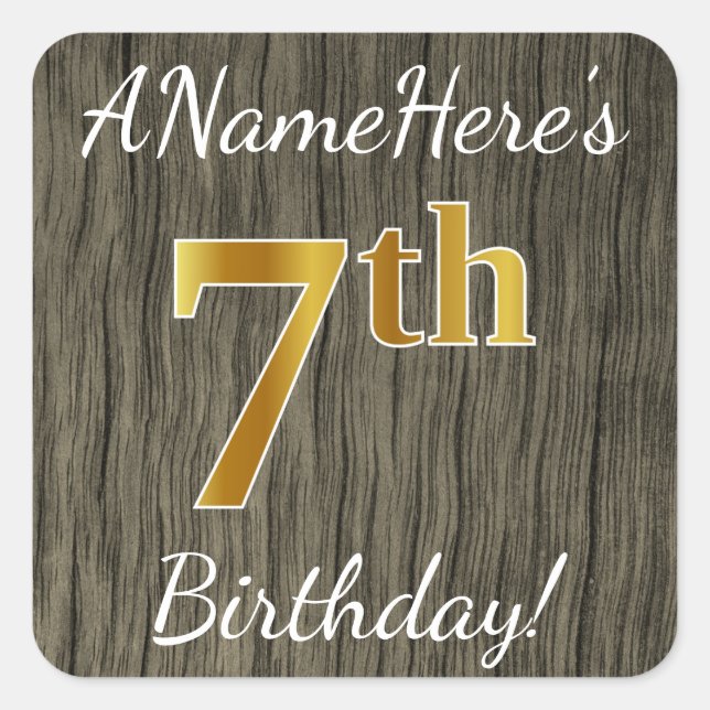 Sticker Carré Faux Wood, Faux Gold 7e anniversaire + Nom personn (Devant)