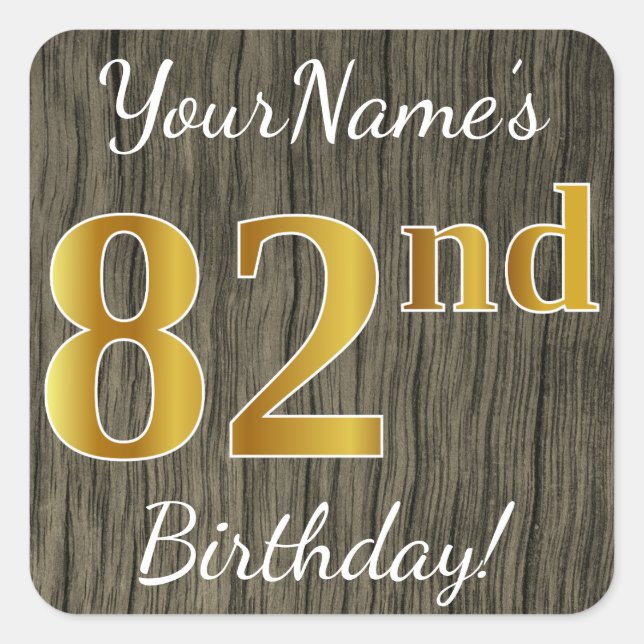 Sticker Carré Faux Wood, Faux Gold 82e anniversaire + Nom person (Devant)