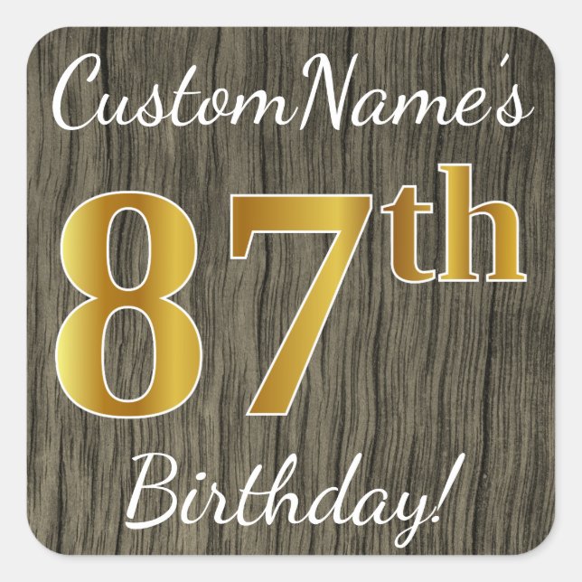Sticker Carré Faux Wood, Faux Gold 87e anniversaire + Nom person (Devant)
