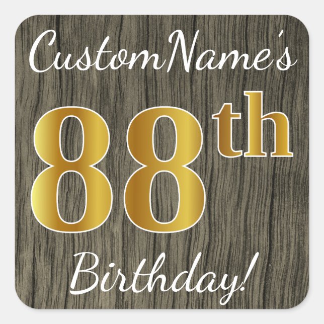 Sticker Carré Faux Wood, Faux Gold 88e anniversaire + Nom person (Devant)