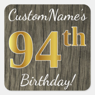 Sticker Carré Faux Wood, Faux Gold 94e anniversaire + Nom person