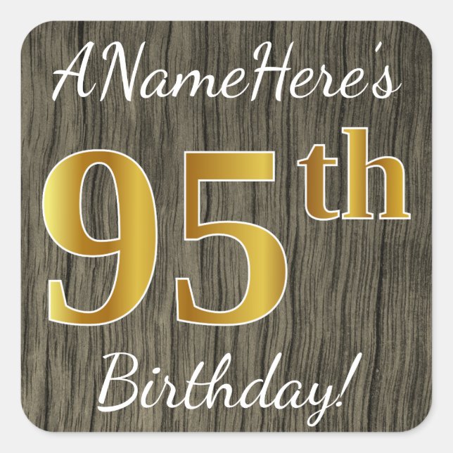 Sticker Carré Faux Wood, Faux Gold 95e anniversaire + Nom person (Devant)