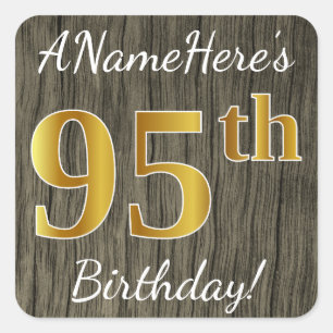 Sticker Carré Faux Wood, Faux Gold 95e anniversaire + Nom person