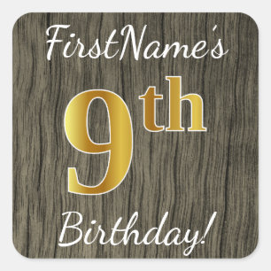 Sticker Carré Faux Wood, Faux Gold 9e Anniversaire + Nom personn