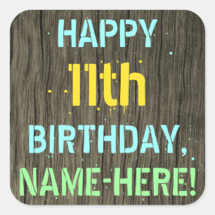 Sticker Carré Faux Wood, Peint Texte Look, 11ème Anniversaire + 