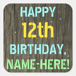 Sticker Carré Faux Wood, Peint Texte Look, 12e anniversaire + No