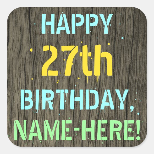 Sticker Carré Faux Wood, Peint Texte Look, 27e anniversaire + No (Devant)