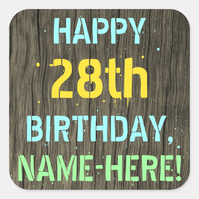 Sticker Carré Faux Wood, Peint Texte Look, 28e anniversaire + No (Devant)