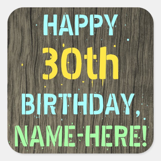Sticker Carré Faux Wood, Peint Texte Look, 30e anniversaire + No (Devant)