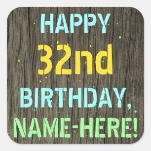Sticker Carré Faux Wood, Peint Texte Look, 32e anniversaire + No