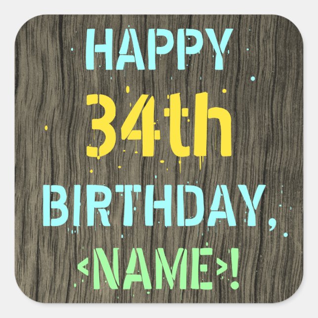 Sticker Carré Faux Wood, Peint Texte Look, 34e anniversaire + No (Devant)