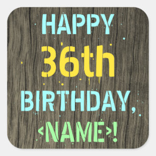 Sticker Carré Faux Wood, Peint Texte Look, 36e anniversaire + No