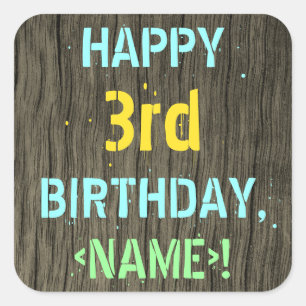 Sticker Carré Faux Wood, Peint Texte Look, 3e anniversaire + nom